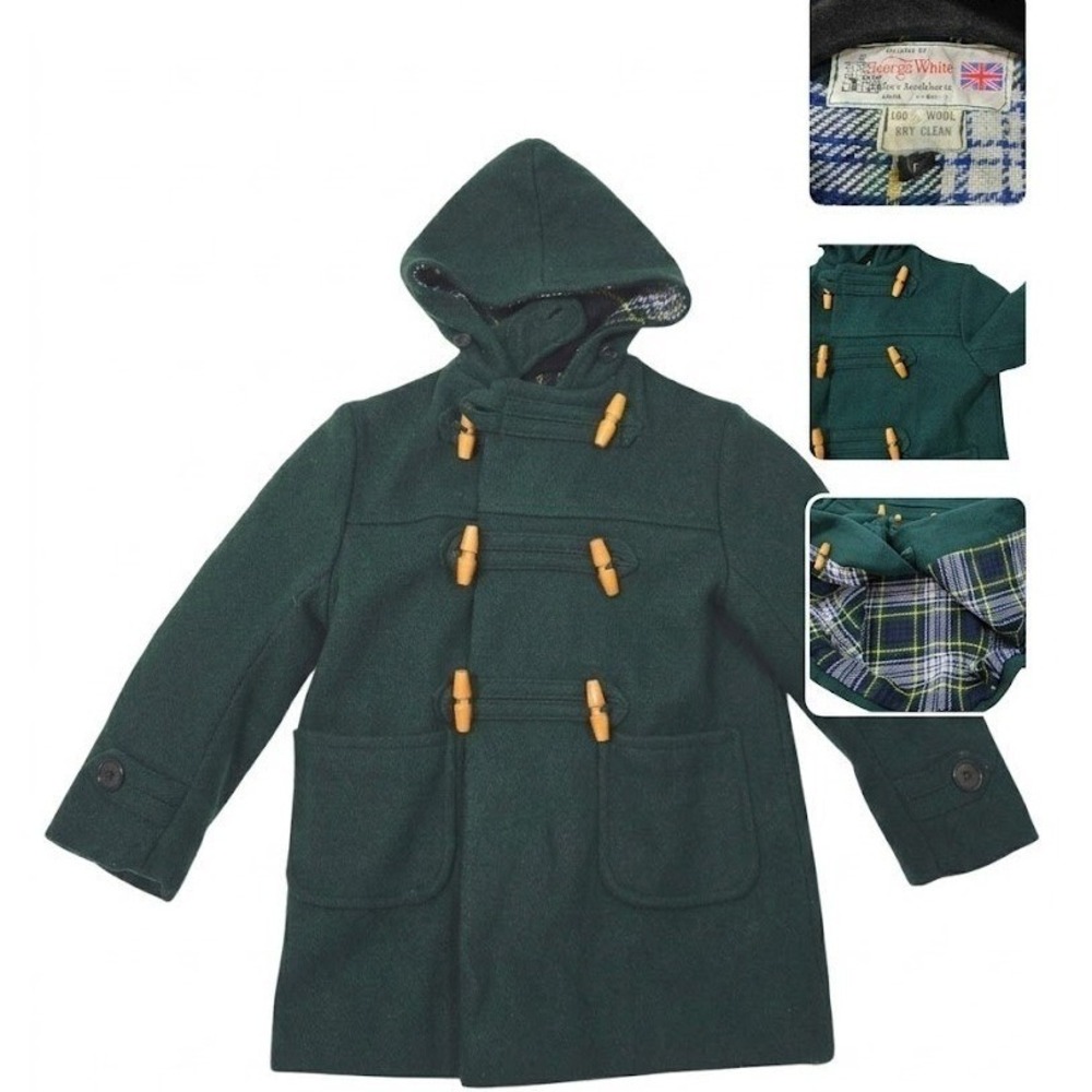 VTG  George White Wool Duffle Coat Hooded Toggle Jacket Green Plaid England XXS